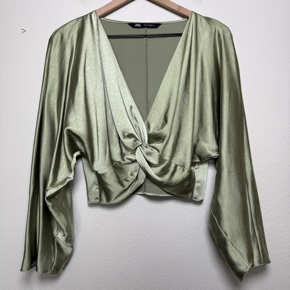 Zara Women Crop Satin Top Large Sage Green Bell Sleeve Twist Front Western Boho - Picture 1 of 10